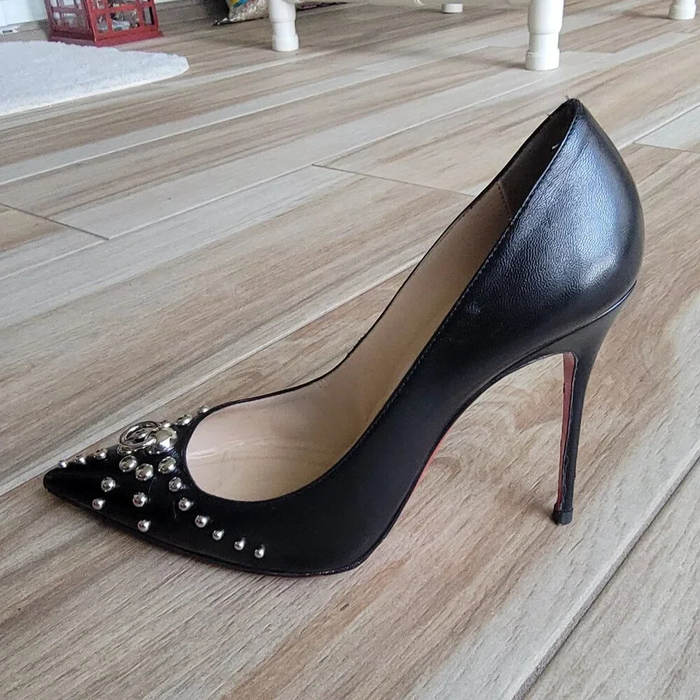 Christian Louboutin Studded Black Leather Door Knock 100 Kid Heels Eur. 39